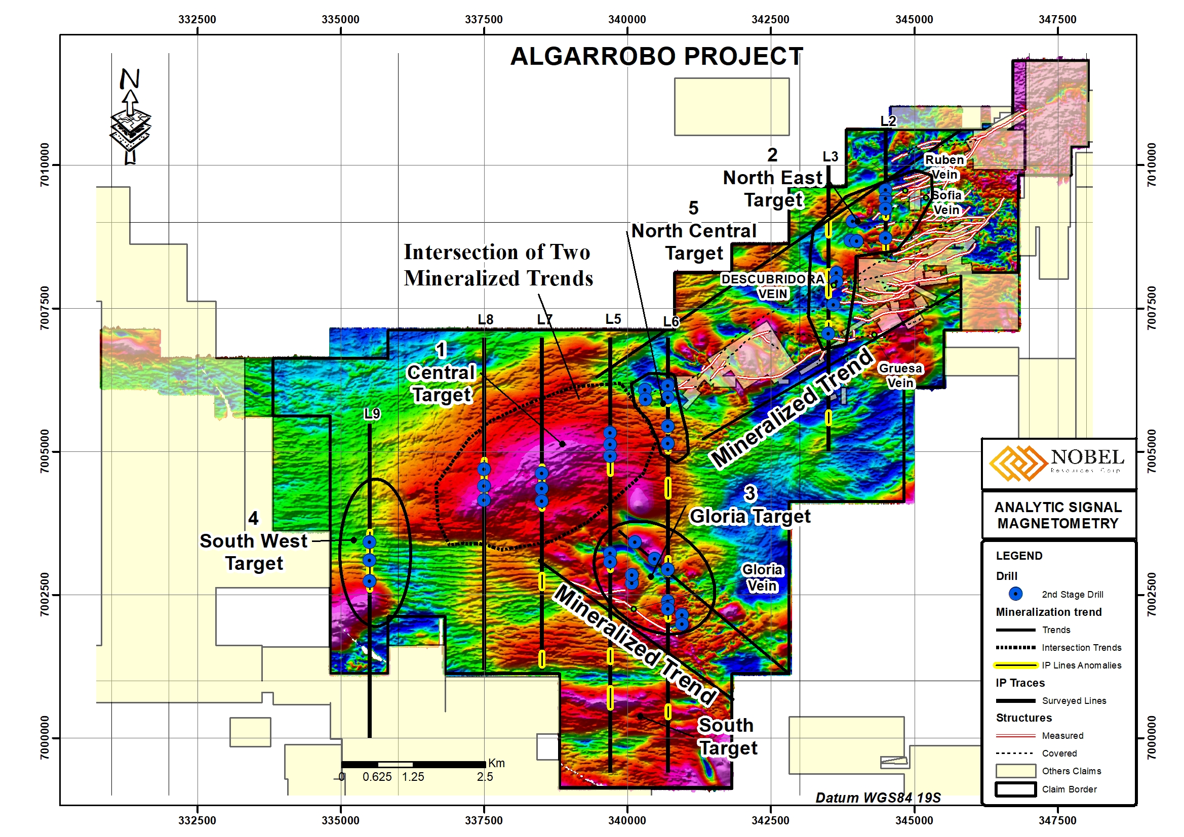 Figure 2: Property map showing IP anomalies and coincident magnetic anomalies. Particularly note the large Central Target in an unexplored area at the intersection of two copper mineralized structural trends.