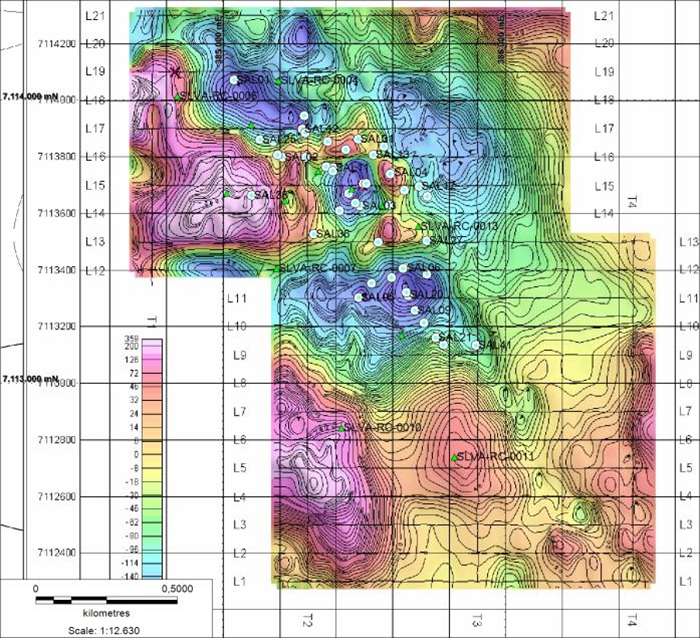 Magnetic map of a portion of La Salvadora showing SLVA-RC-0010 on the southern magnetic anomaly. The series of white historical RC drill holes show the distribution of near-surface copper oxide mineralizaton.