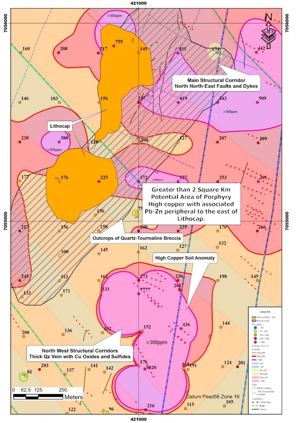 Compilation map showing the location of the extensive leached cap (lithocap) and associated structures, quartz-copper veins, soil geochemical anomalies, tourmaline breccias associated with a magnetic low, that comprise the key criteria for a mineralized porphyry target.